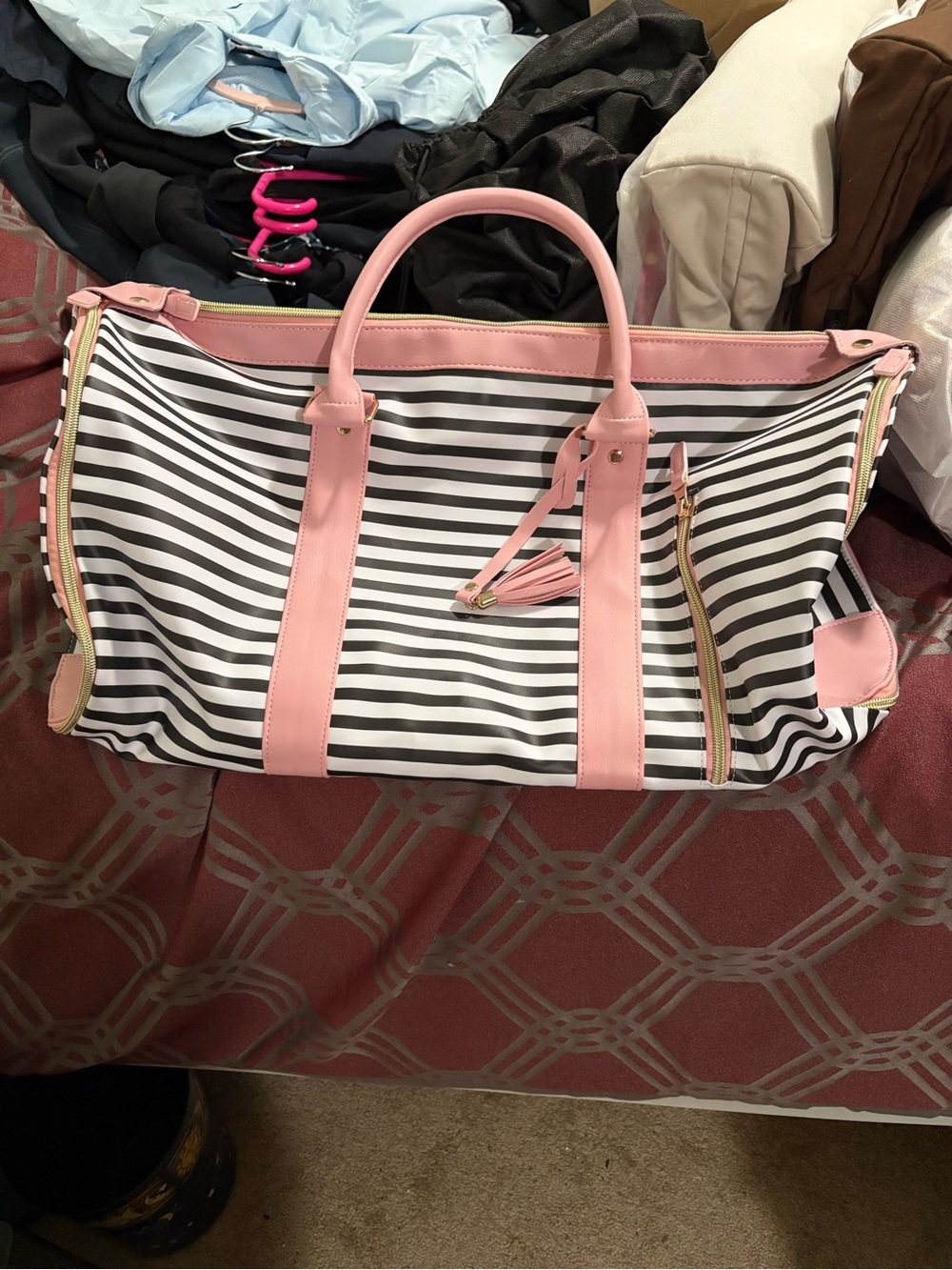 New in Bag Pink & Black Striped Travel Tote Bag - Stylish Weekend Carryall